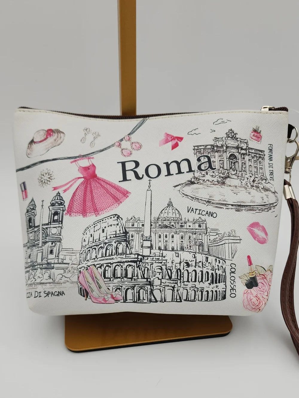 Roma Illustrated White & Pink Wristlet Pouch